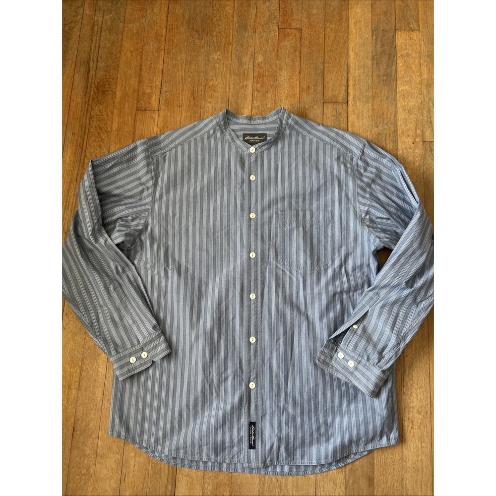Eddie Bauer Mens Large Blue Striped Band Collar Long Sleeve Cotton Button Shirt